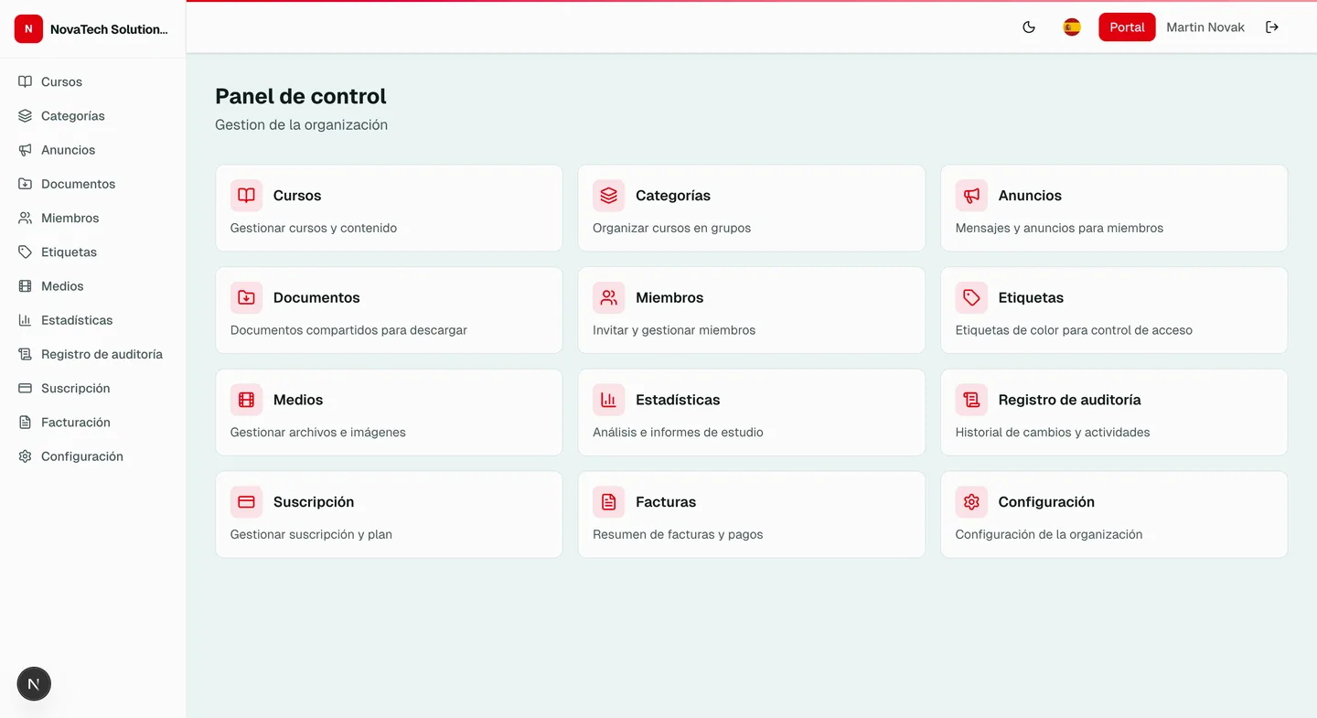 Panel de administracion de LearnSkill -- vista general de la organizacion