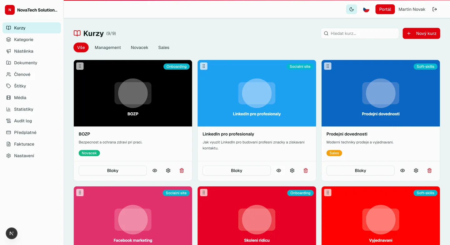 Editor kurzů v LearnSkill -- správa bloků a obsahu