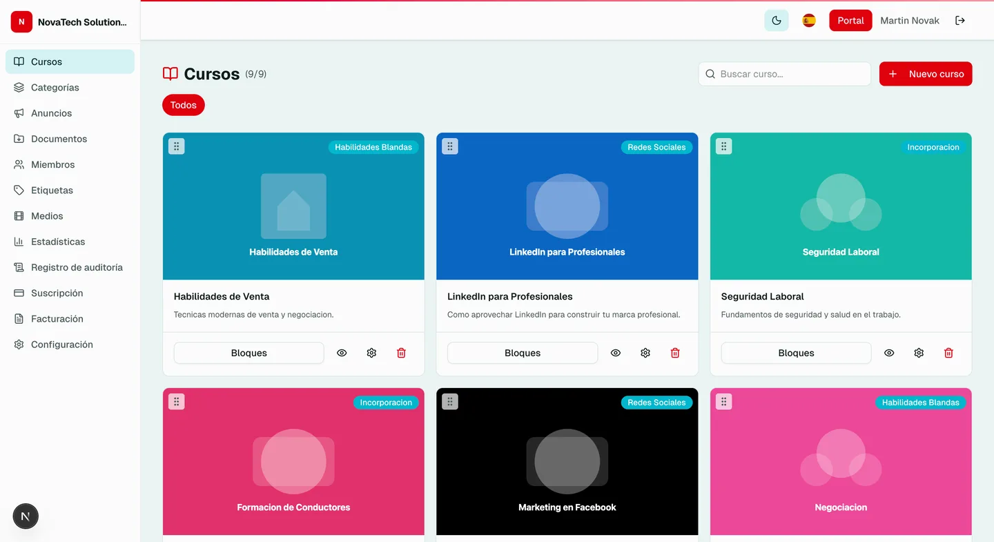 Editor de cursos de LearnSkill -- gestion de bloques y contenido