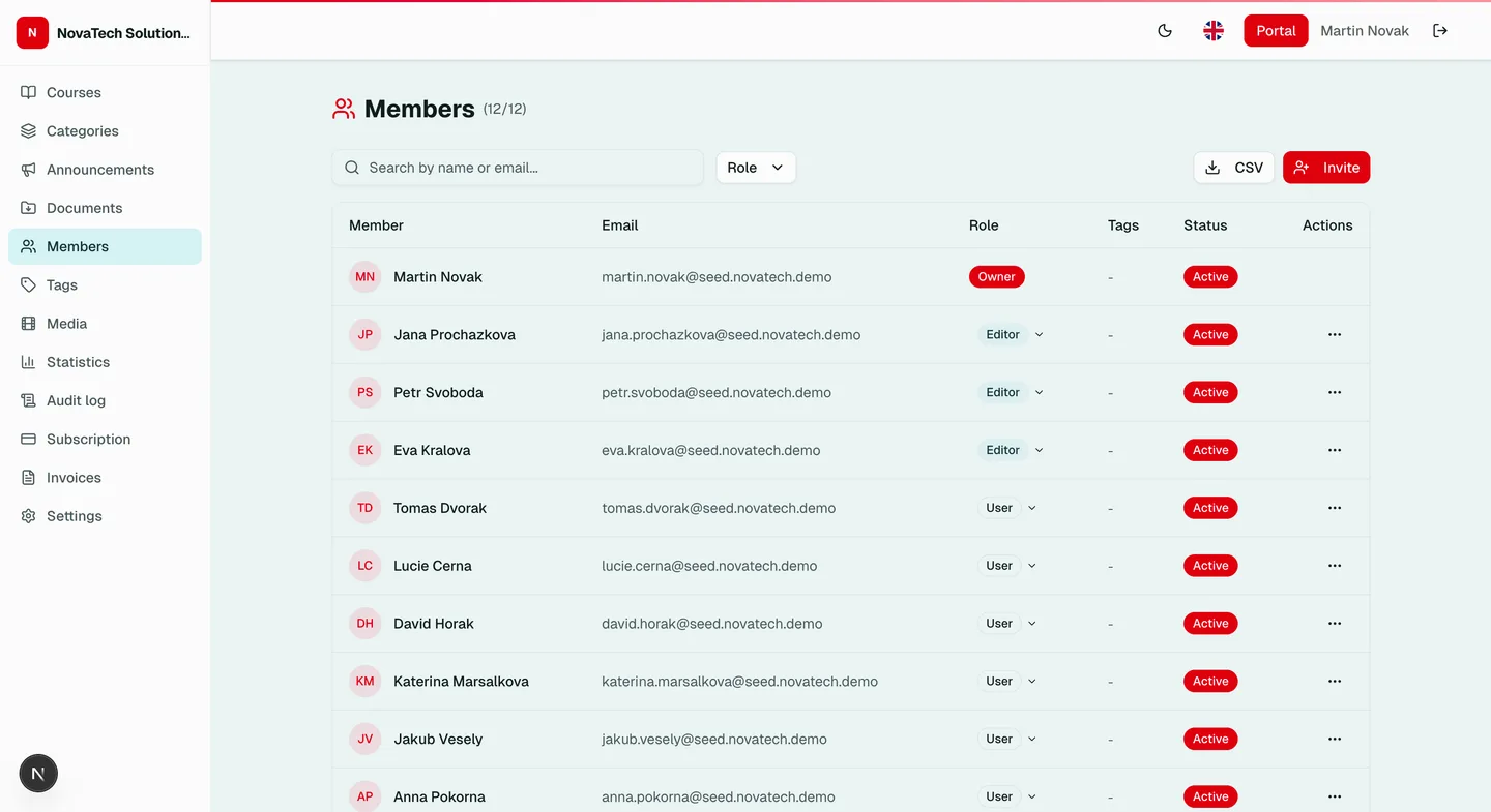 LearnSkill member management -- invitations, roles, and tags