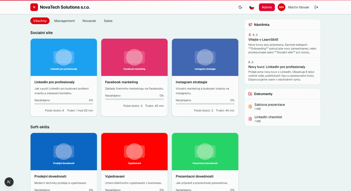 Studentský portál LearnSkill -- přehled kurzů a pokroku