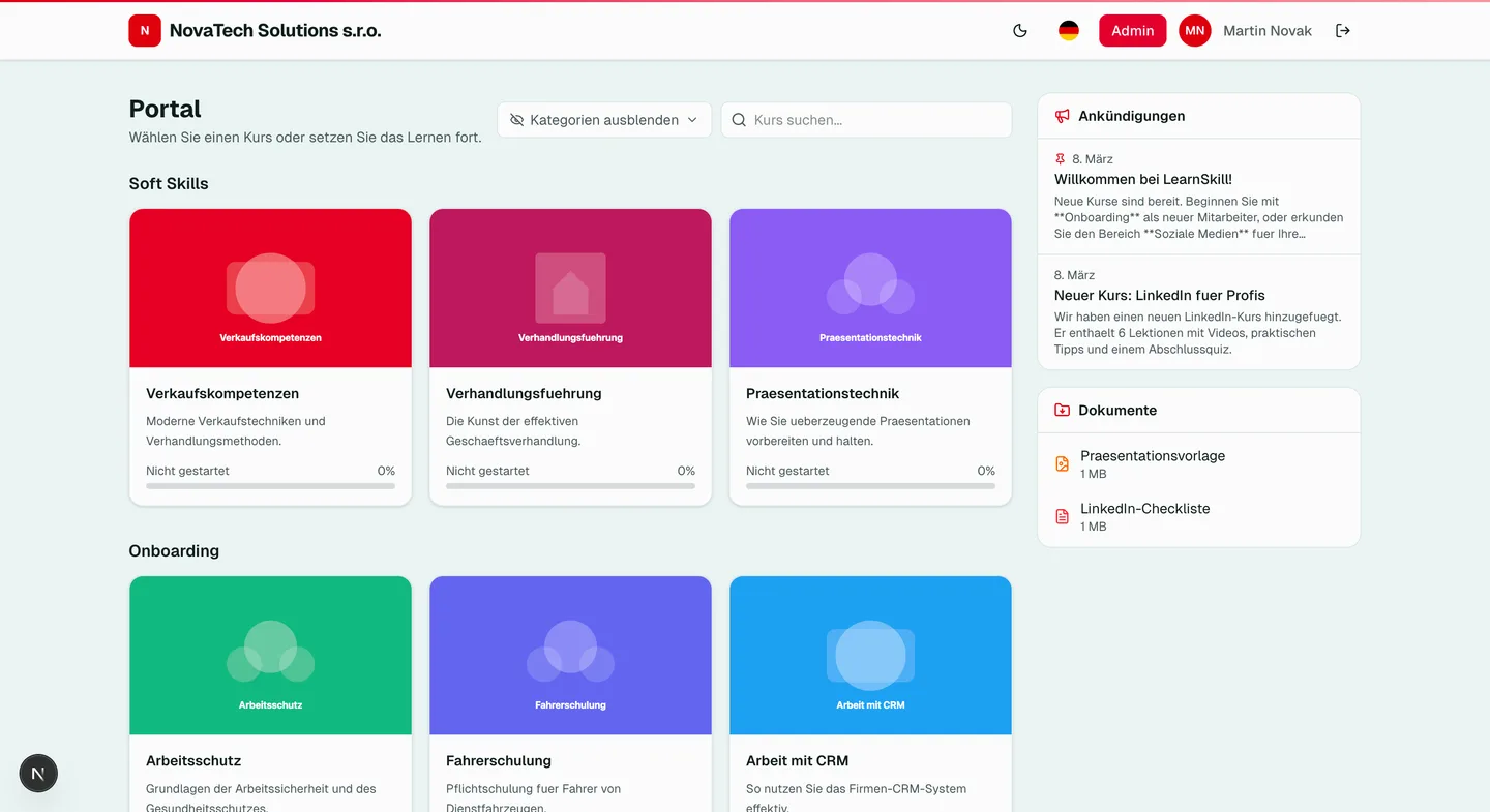LearnSkill Studentenportal -- Kursübersicht und Fortschritt
