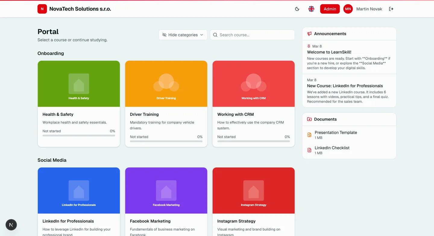 LearnSkill student portal -- course overview and progress