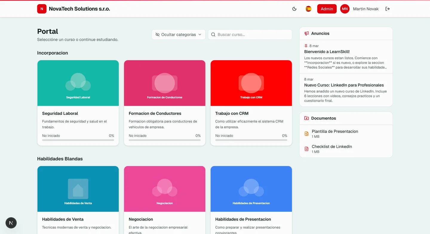 Portal del estudiante de LearnSkill -- vista general de cursos y progreso